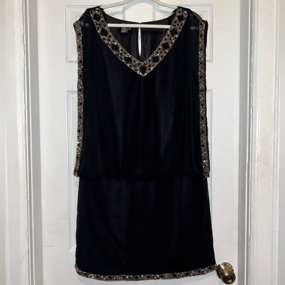 JKARA Black Fitted Mini Dress With Overlay Top and Beaded Details